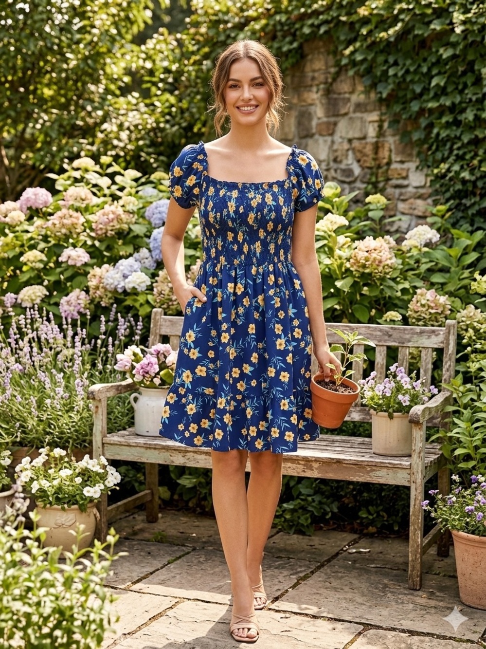 Take 50% OFF- SHEIN Women’s Navy Blue Floral Smocked Dress,1XL